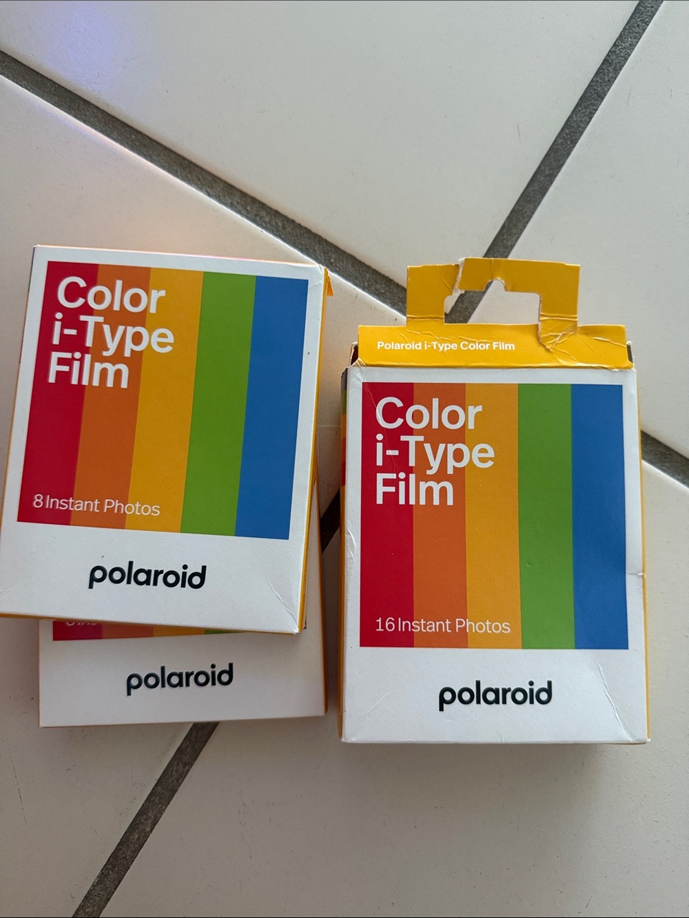 Polaroid Color i-Type Film Boxes with Red Orange Yellow Green Blue Stripes